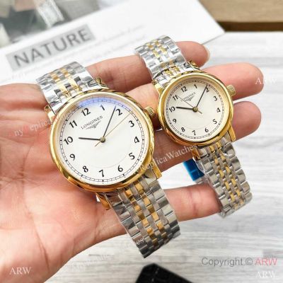 Copy Cheap Longines Master Quartz Watches Half Gold White Arabic